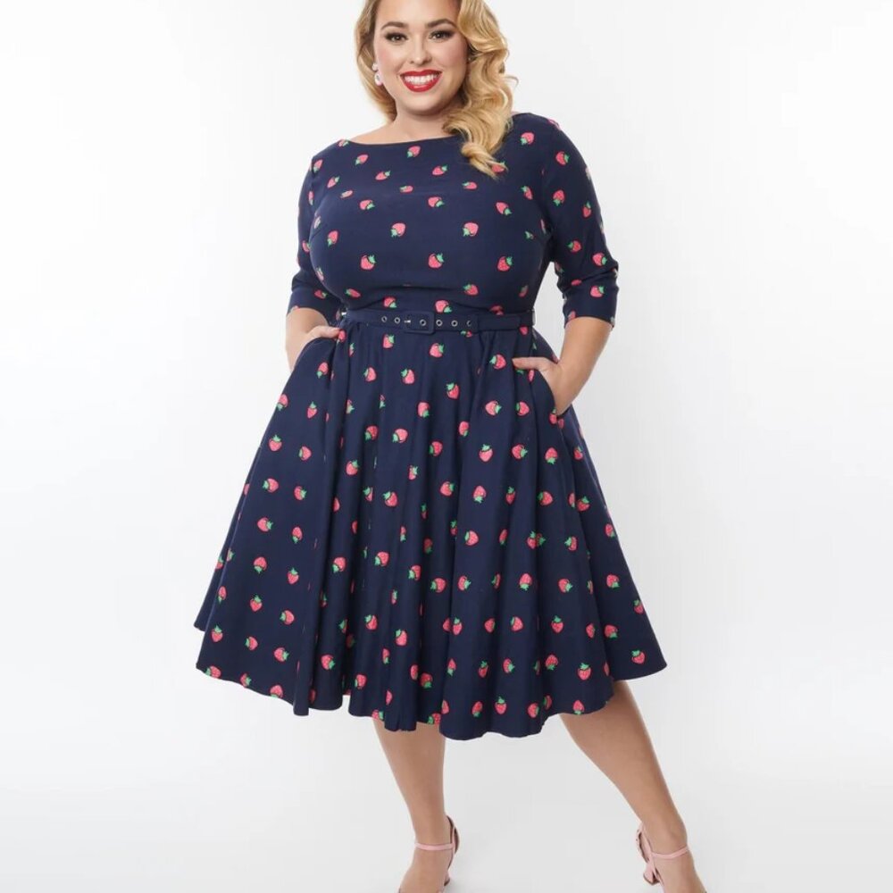 Unique Vintage Plus Size 1950s Blue Strawberry Devon Swing Dress Size 1X US16